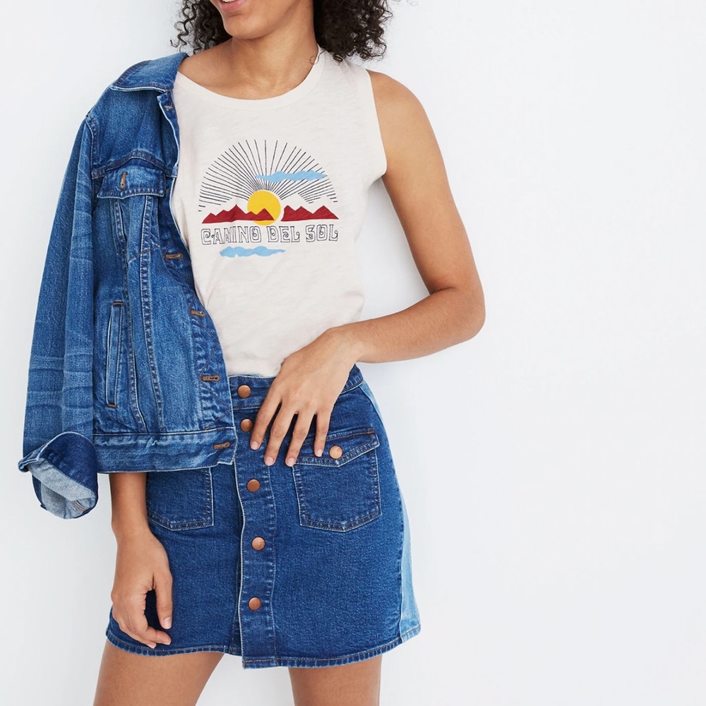 MADEWELL Straight Fit Stretch Denim Jean Pieced Edition Mini Skirt Sz 25 Blue